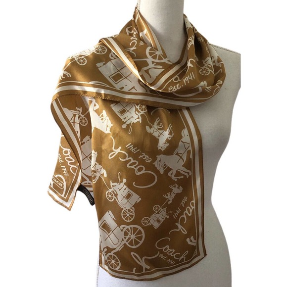 Coach scarf gold carriage pattern 100% silk 27×150 cm Used Japan - Picture 5 of 11